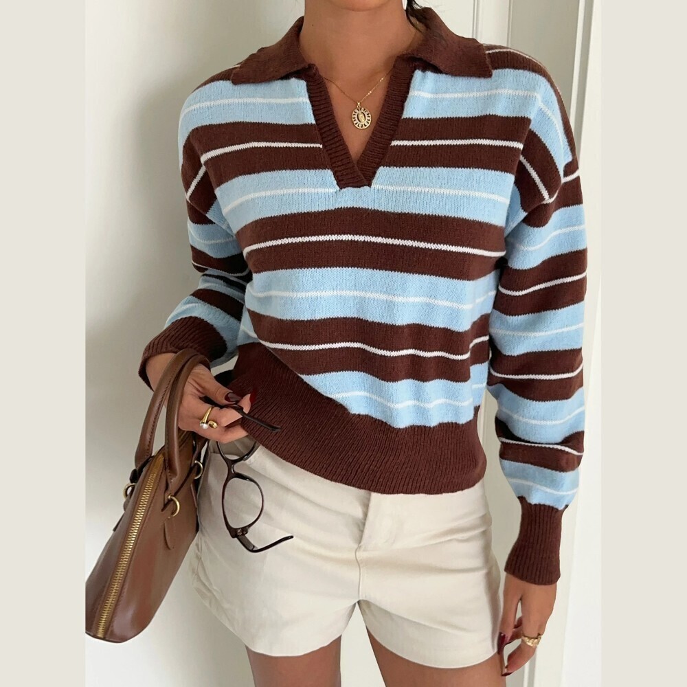 Brown Sky Blue Striped Collared V-Neck Polo Knit Sweater